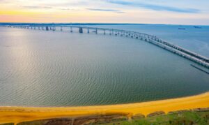 Aerial shot of the Chesapeake Bay Bridge at sunrise.